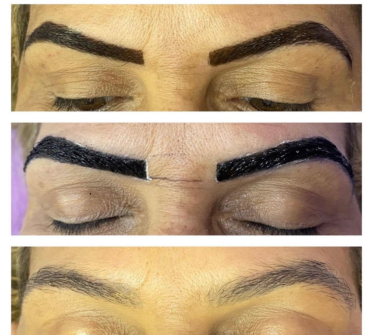 Design de sobrancelha com henna mostrando o antes, a aplicação e o resultado final